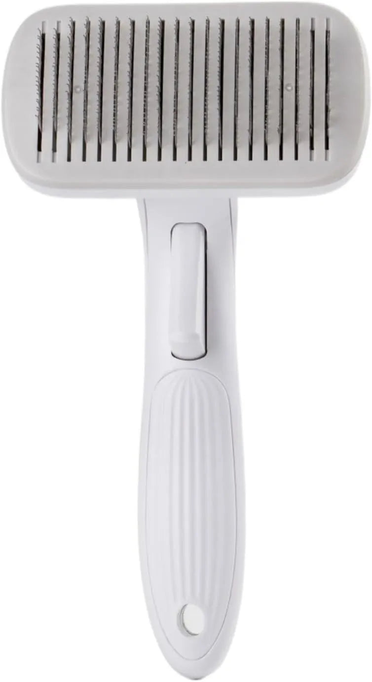 Automatic pet hair removal comb for dogs and cats in blue, grey, green, or pink with one-click needle technology