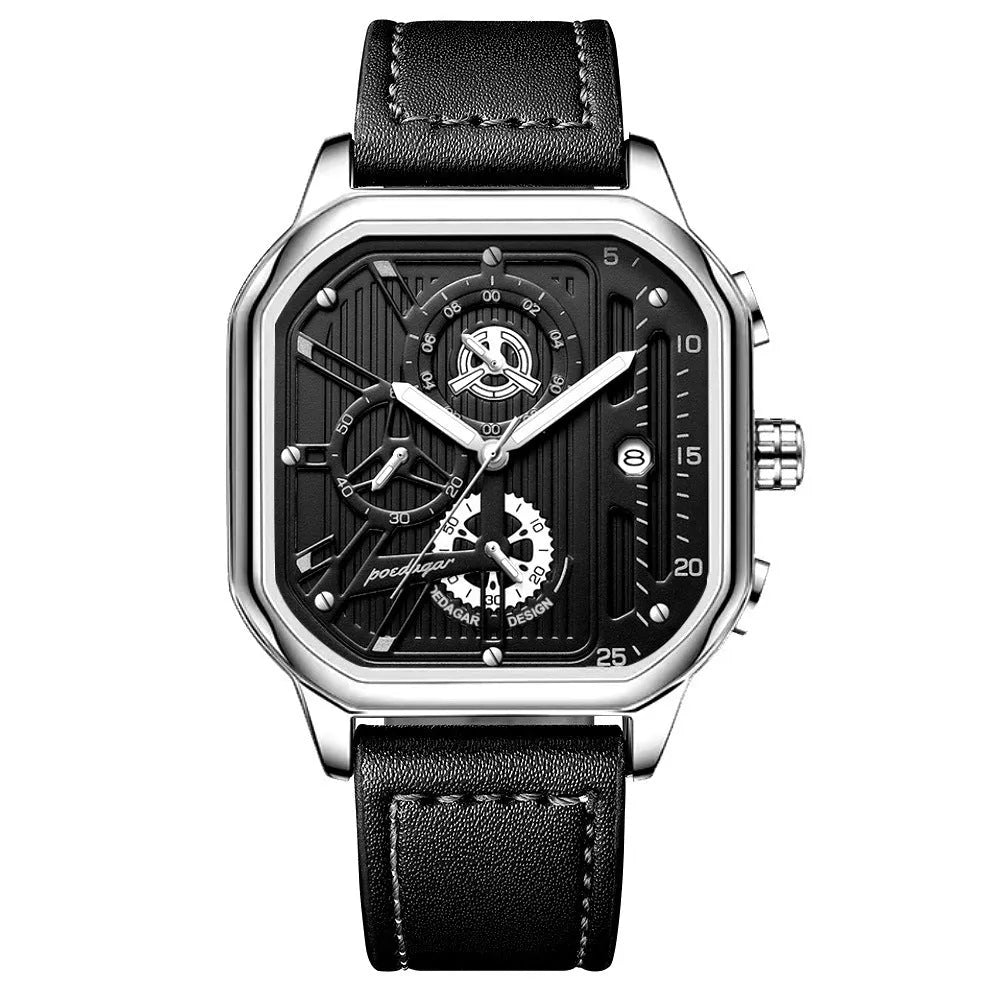 Men's multifunctional quartz watch with belt-style strap showing black shell with gold nails design