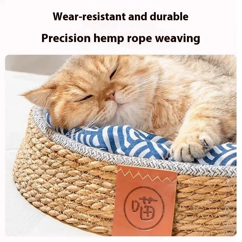 Rattan woven cat bed showing breathable design suitable for S M L XL size cats