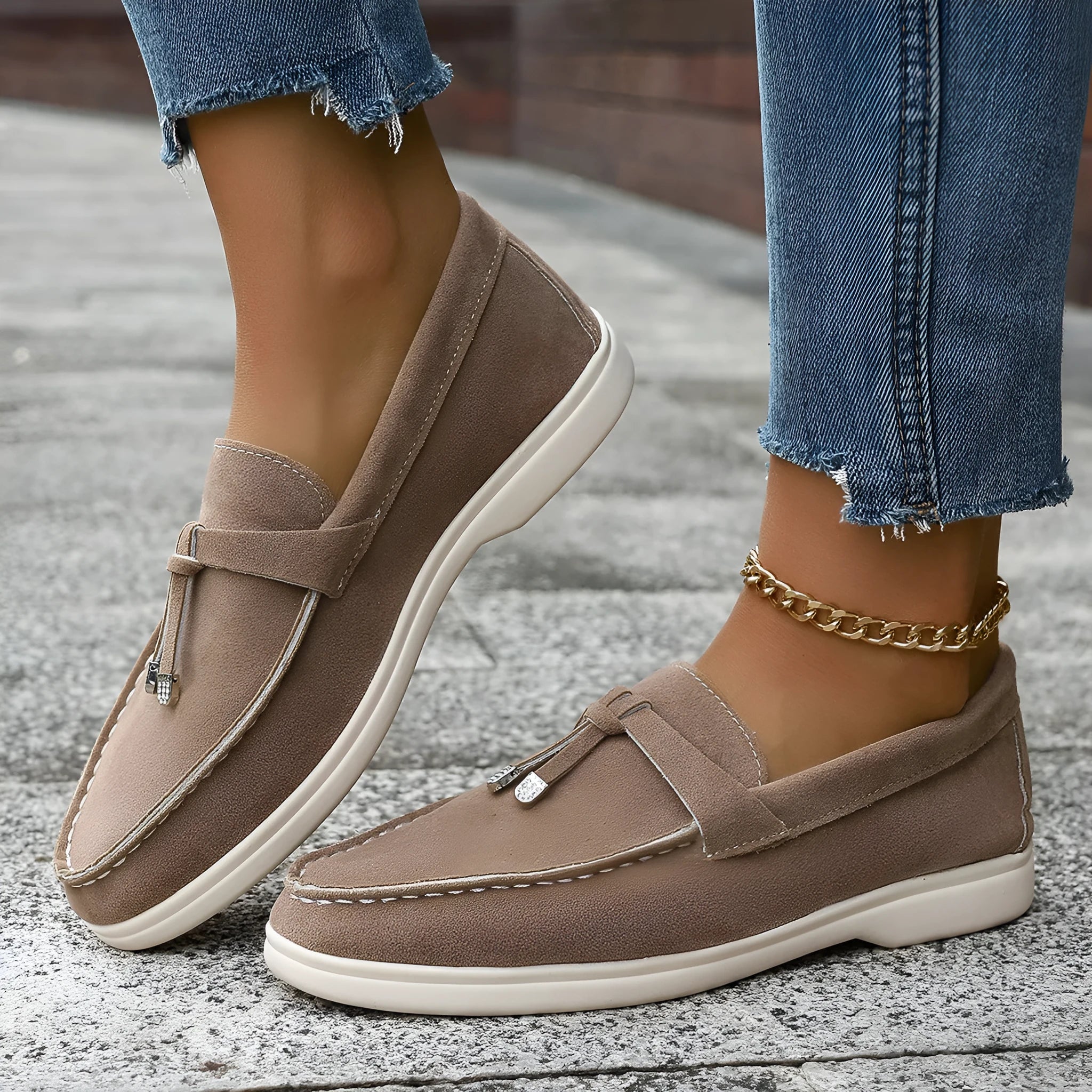 Canvas gommino slip-on loafers with platform heel in black, apricot, and brown colours