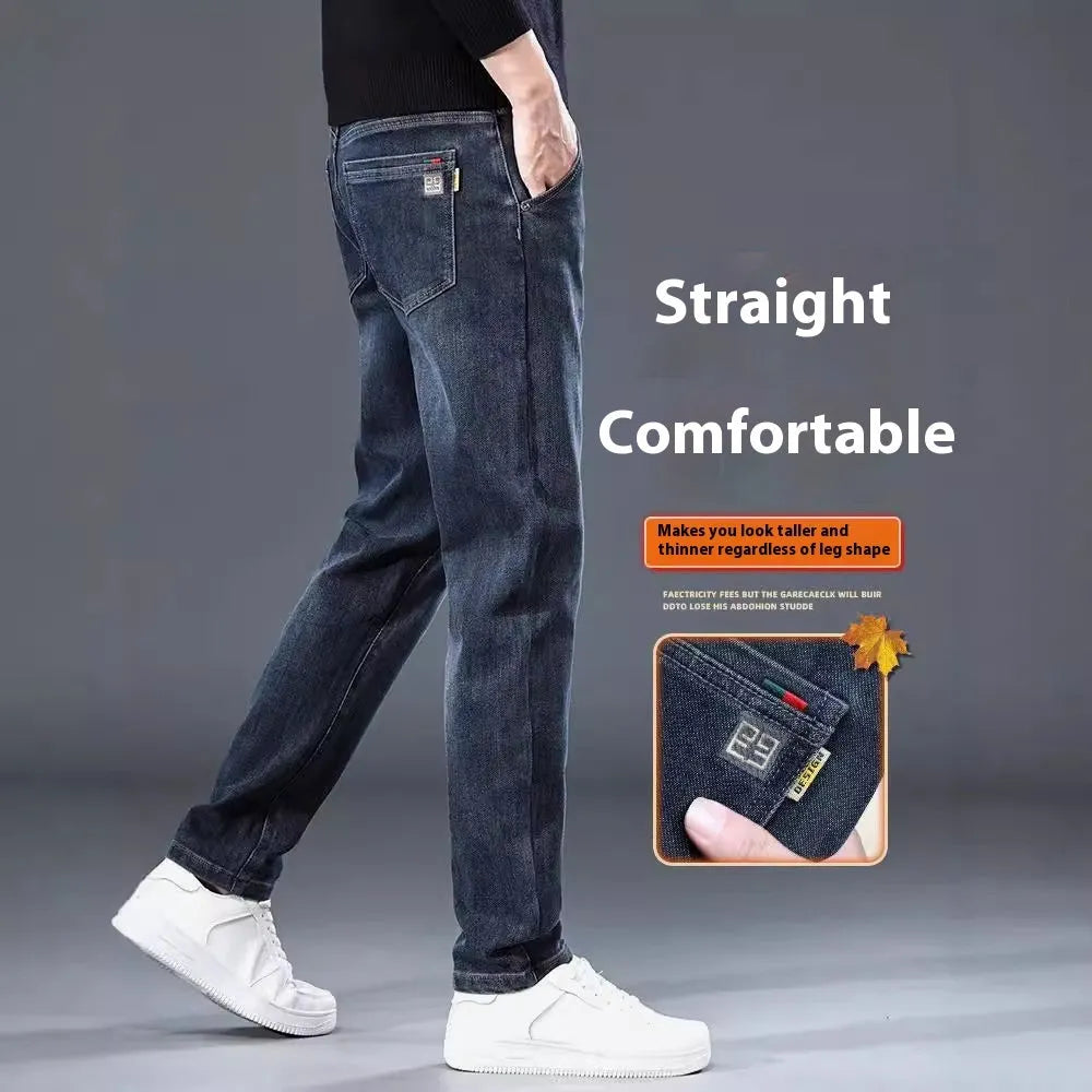 Men's slim straight casual trousers in micro-elastic polyester fabric, mid-waist design with zip fly