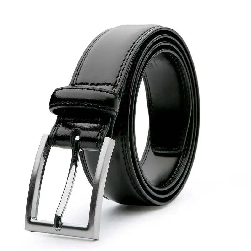Men's genuine leather casual belt with an alloy buckle in Wild 95 grain brown, showing length options.