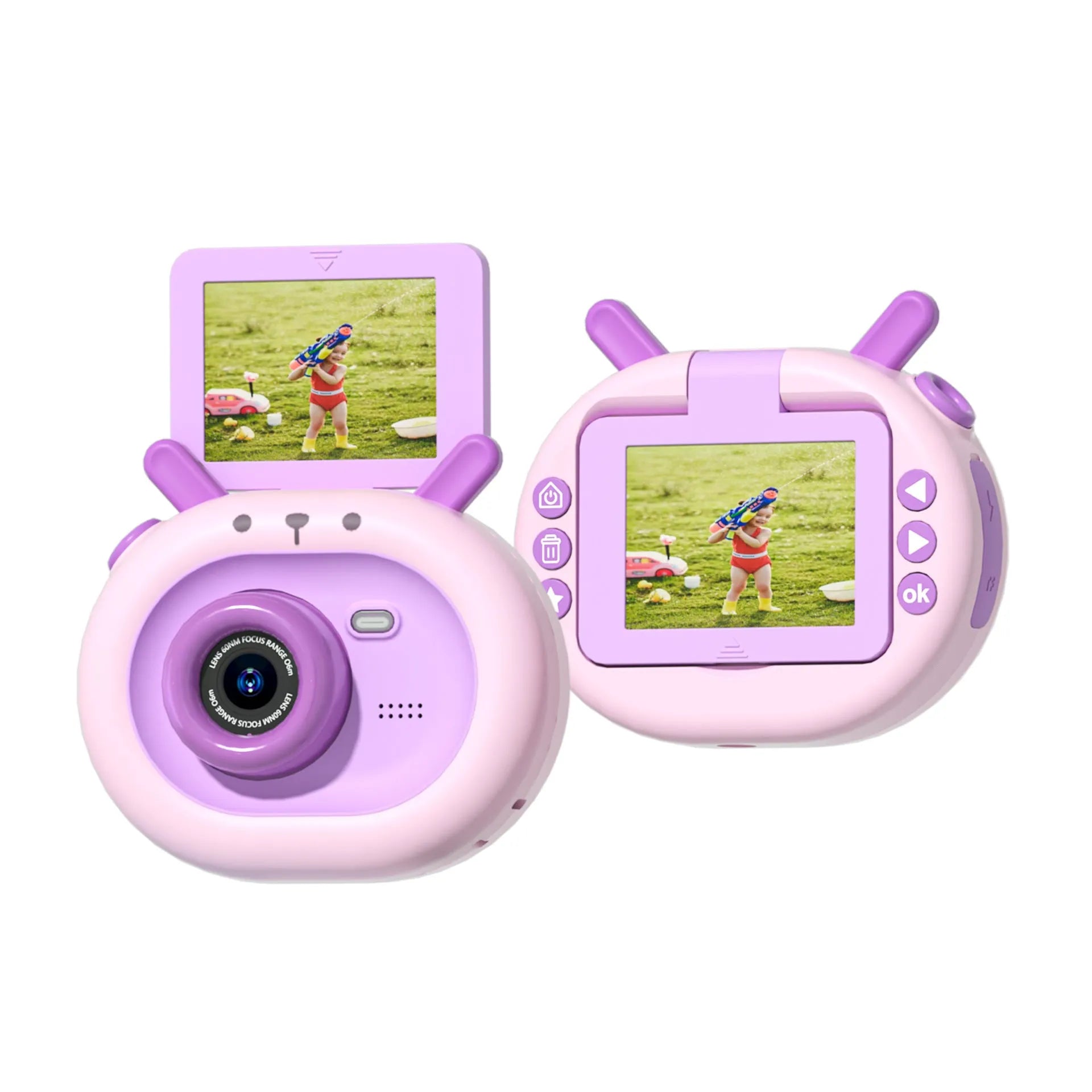 Purple and dark green children's digital camera with flip screen showing game interface and USB charging cable