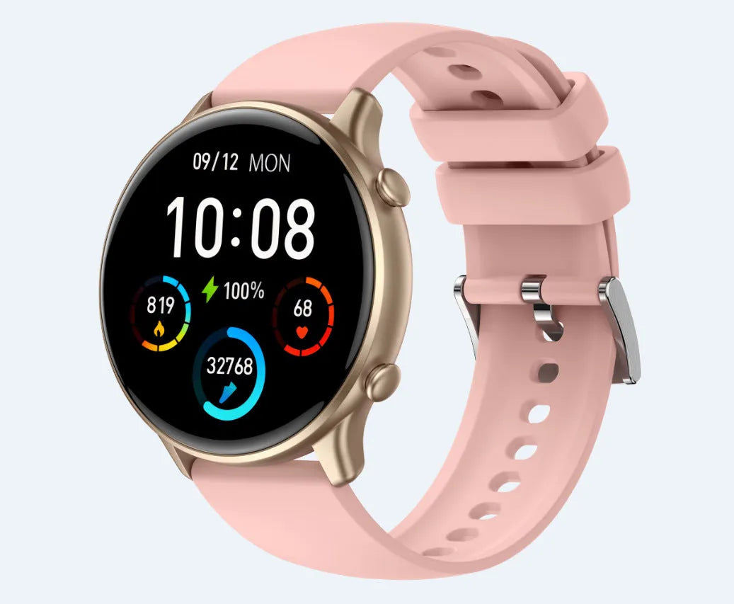 Round smart sports watch with touch screen and silicone strap showing heart rate display