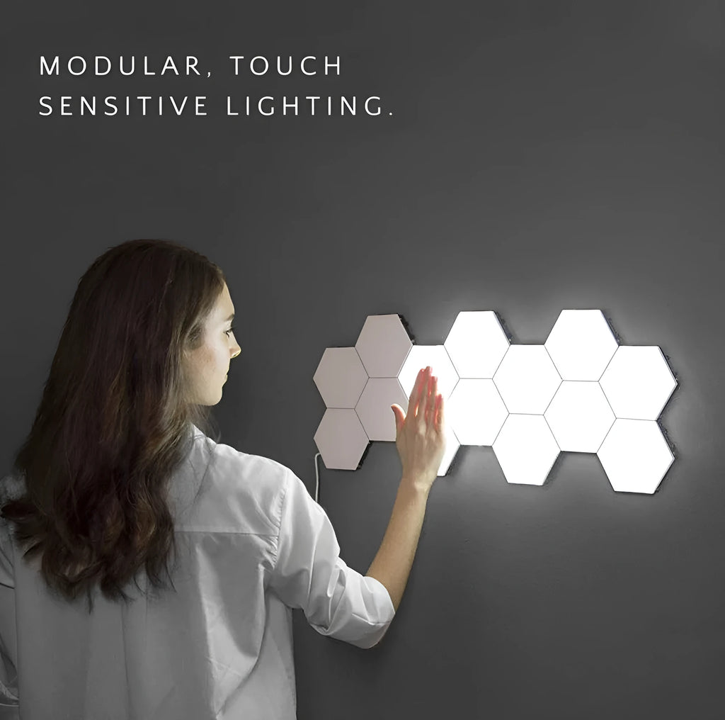 Hexagonal honeycomb wall lamp modules arranged in pattern with touch control and LED lighting