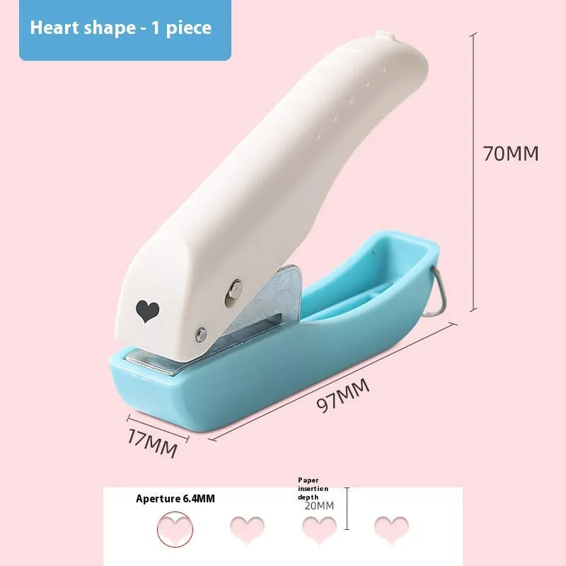 Manual kindergarten pattern punching machine showing love heart, star, and round embossing designs