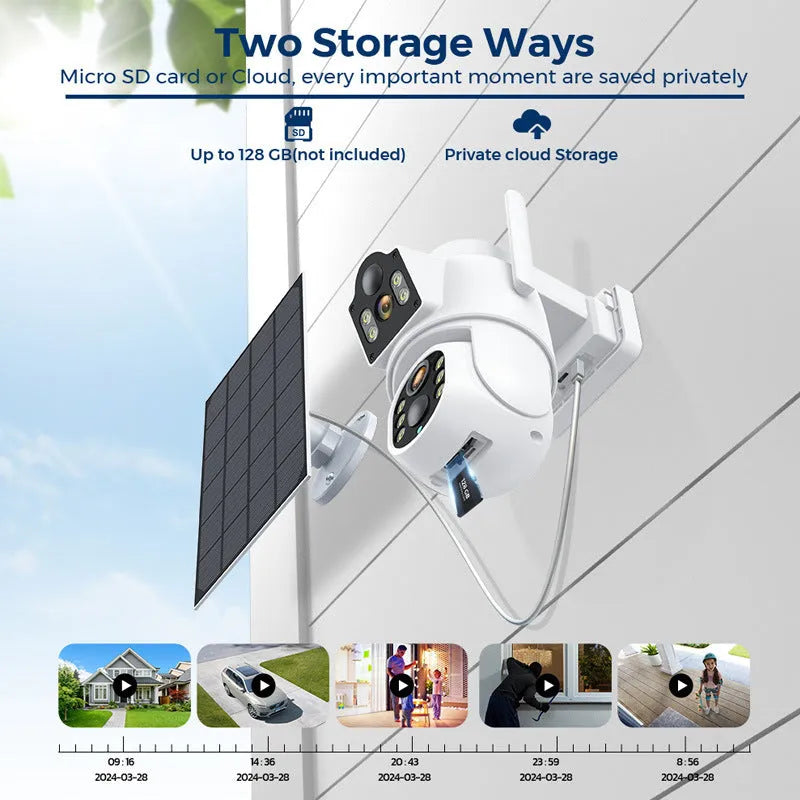 Outdoor solar wifi security camera with solar panel in garden setting