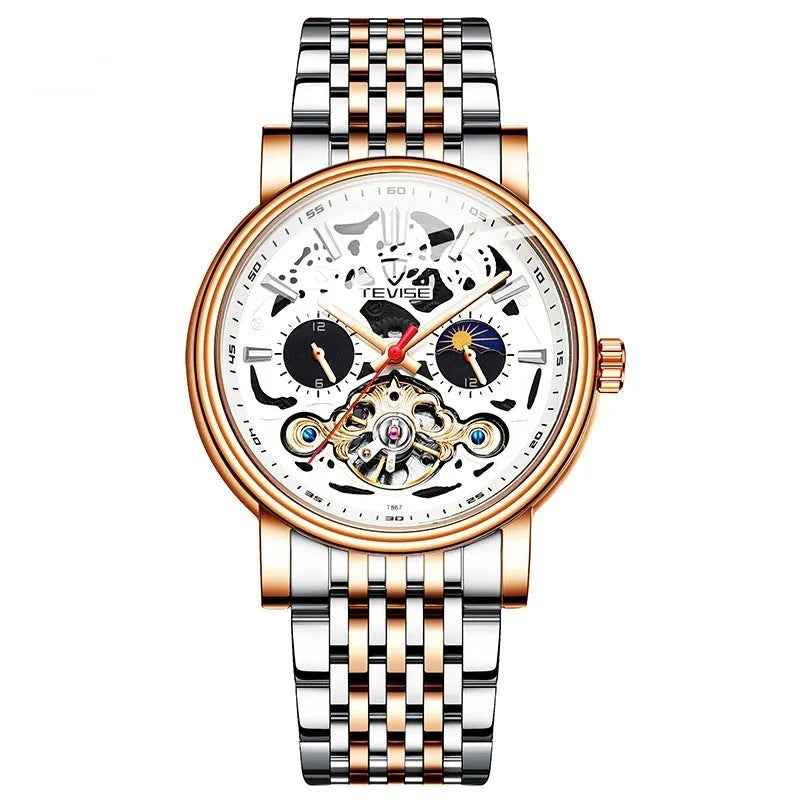 Men's mechanical watch with tourbillon, luminous hands, waterproof case in multiple colour options