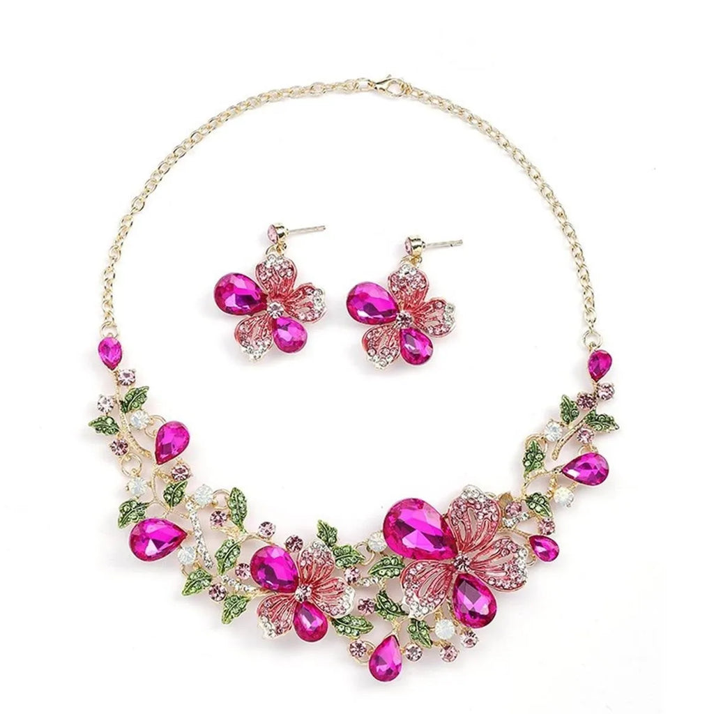 Alloy flower necklace and earrings suite set with electroplated finish in green, purple, and Rose Red colour options