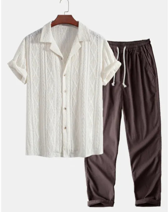 Men's slim-fit camouflage print casual suit with short-sleeved shirt and trousers.