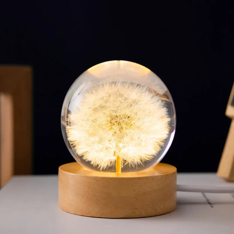 LED dandelion crystal ball night light on beech wood base, 60mm diameter
