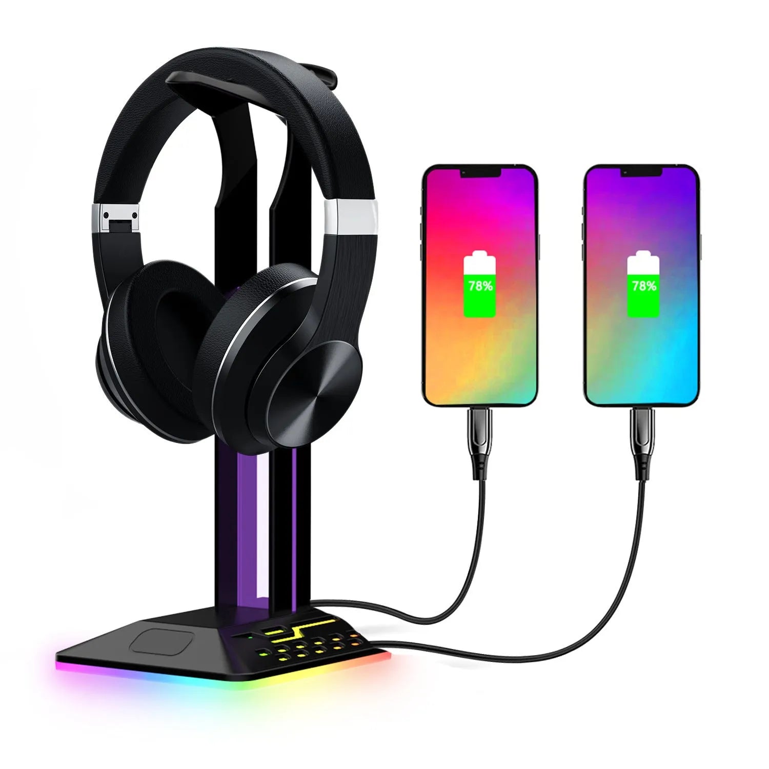 Headset display rack with RGB lighting and dual USB ports on a desk