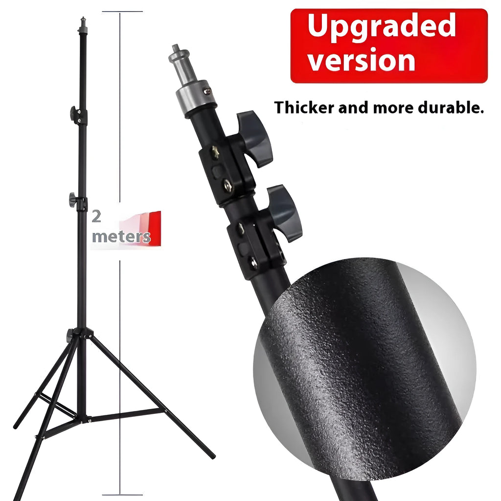 Frosted finish tripod stand with mobile phone holder attached, showing height adjustment mechanism