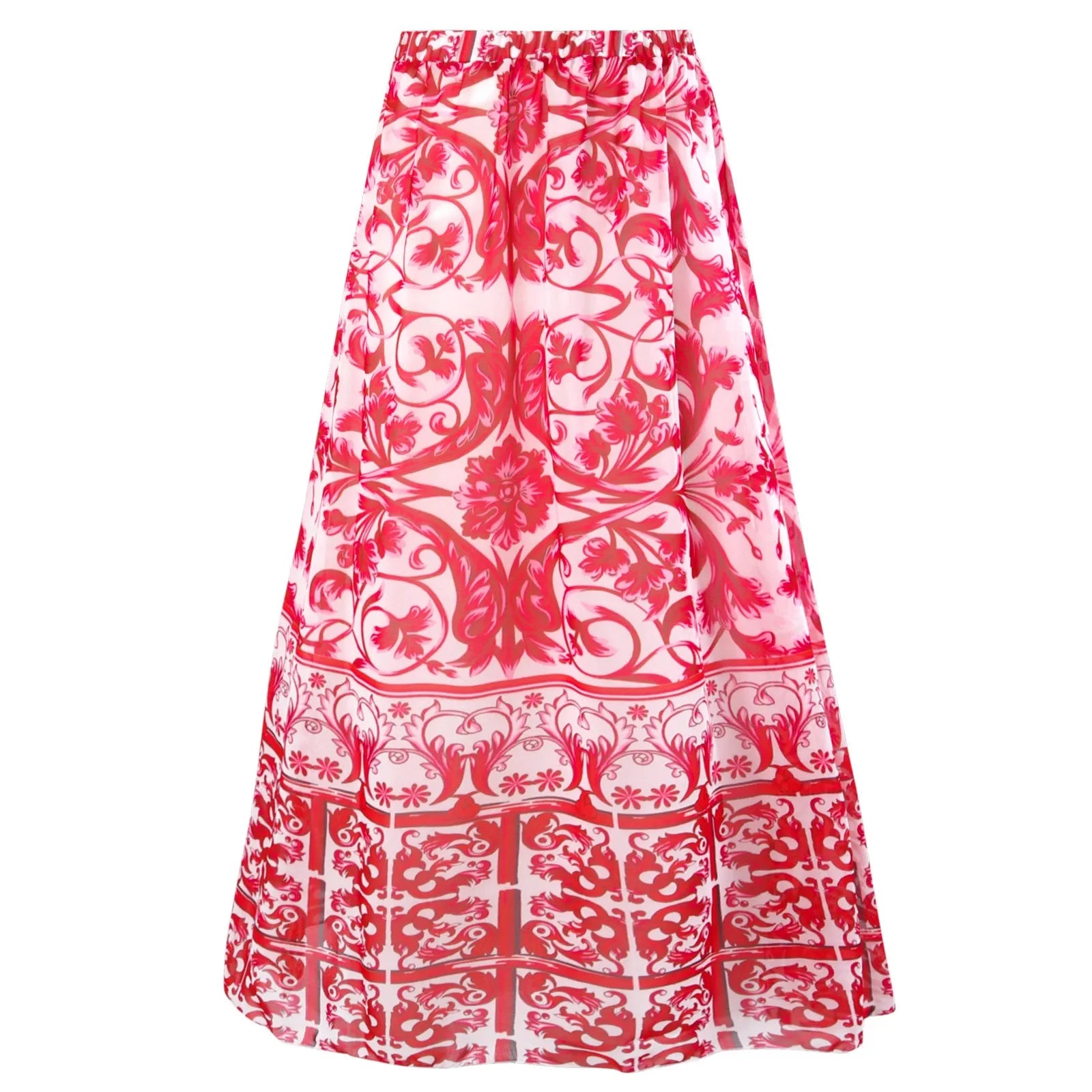 Women's printed one-piece swimsuit with a matching skirt cover-up in a rose pink floral pattern.