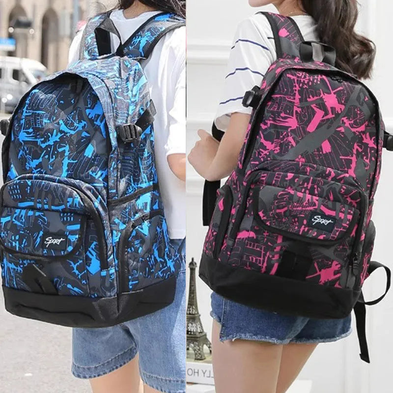 Blue and red classic nylon backpack with large main compartment and front pockets