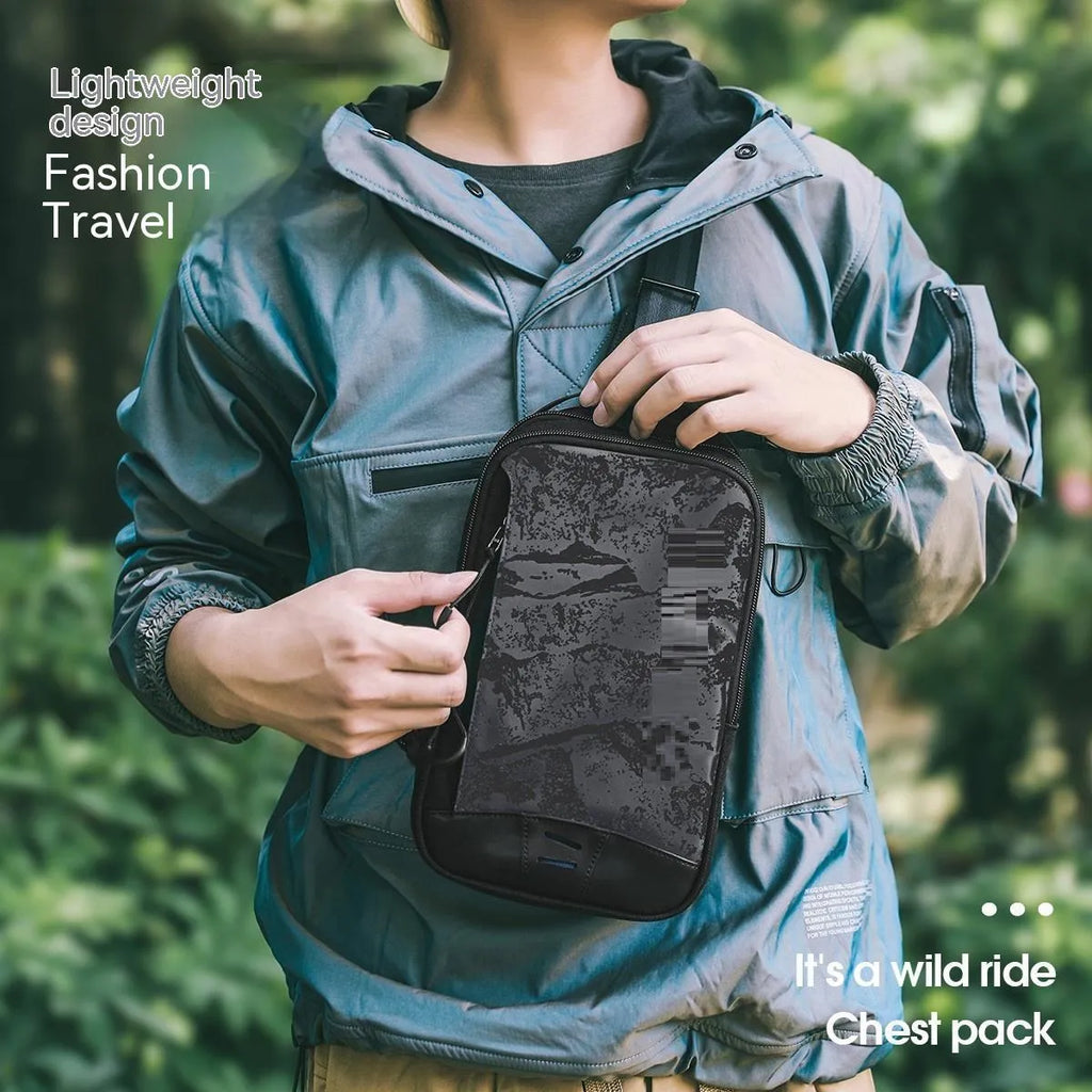 Casual black TPU chest pack with landscape camouflage pattern and interior phone pocket