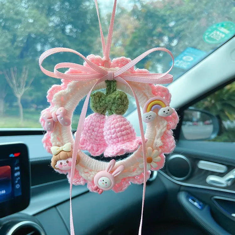 Woven wool bell orchid car hanger pendant in green colour with dream catcher accessory