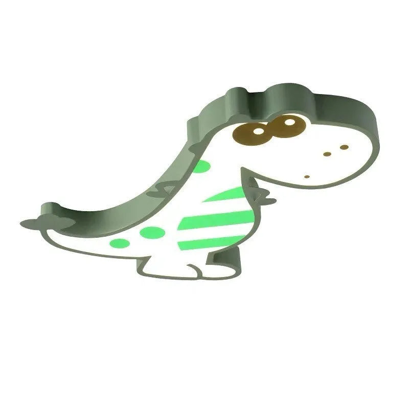 Green cartoon dinosaur ceiling light with dimmer switch on a white ceiling.