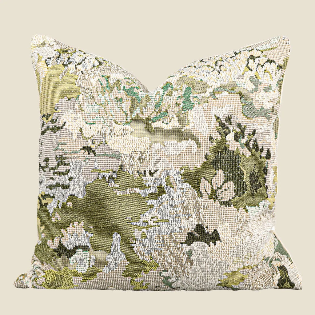 Abstract floral pattern pillow with French antique style in spring green wool blend feather velvet fabric