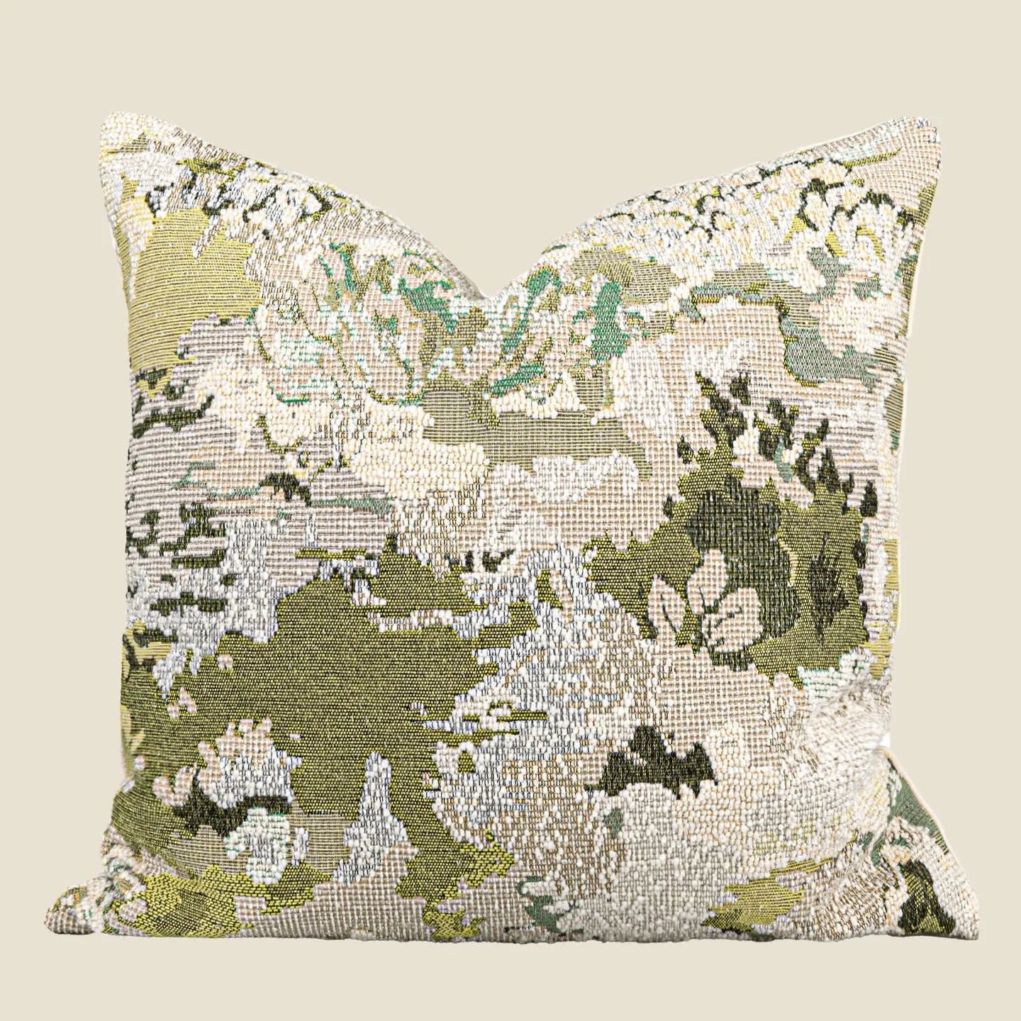 Abstract floral pattern pillow with French antique style in spring green wool blend feather velvet fabric