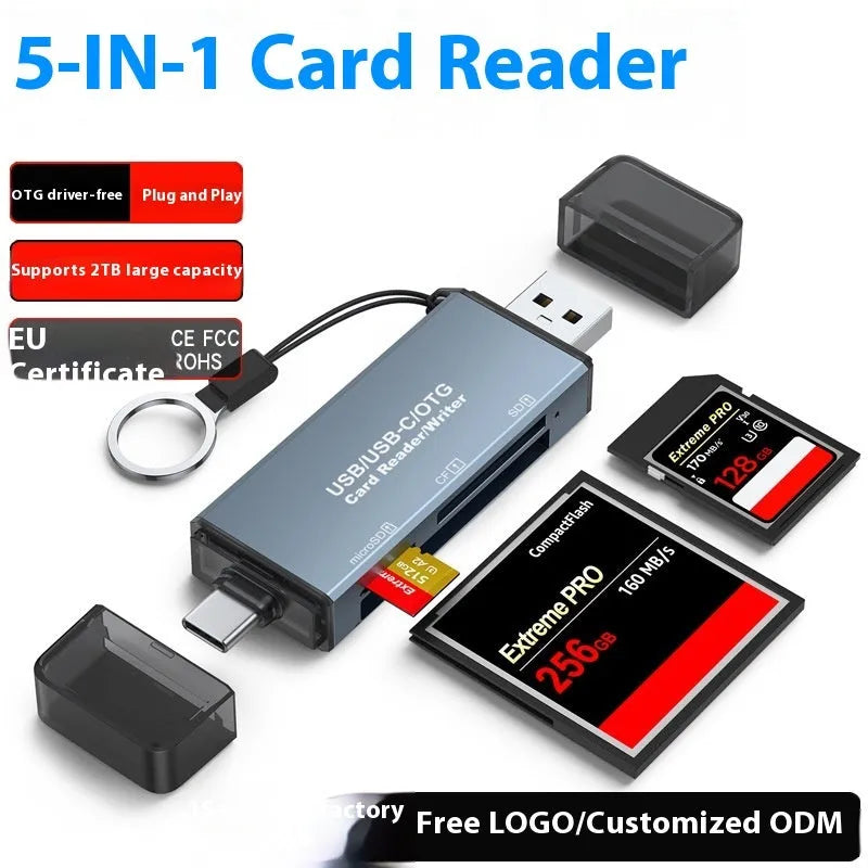 Aluminum alloy CF SD TF three-in-one card reader showing compact design with multiple card slots