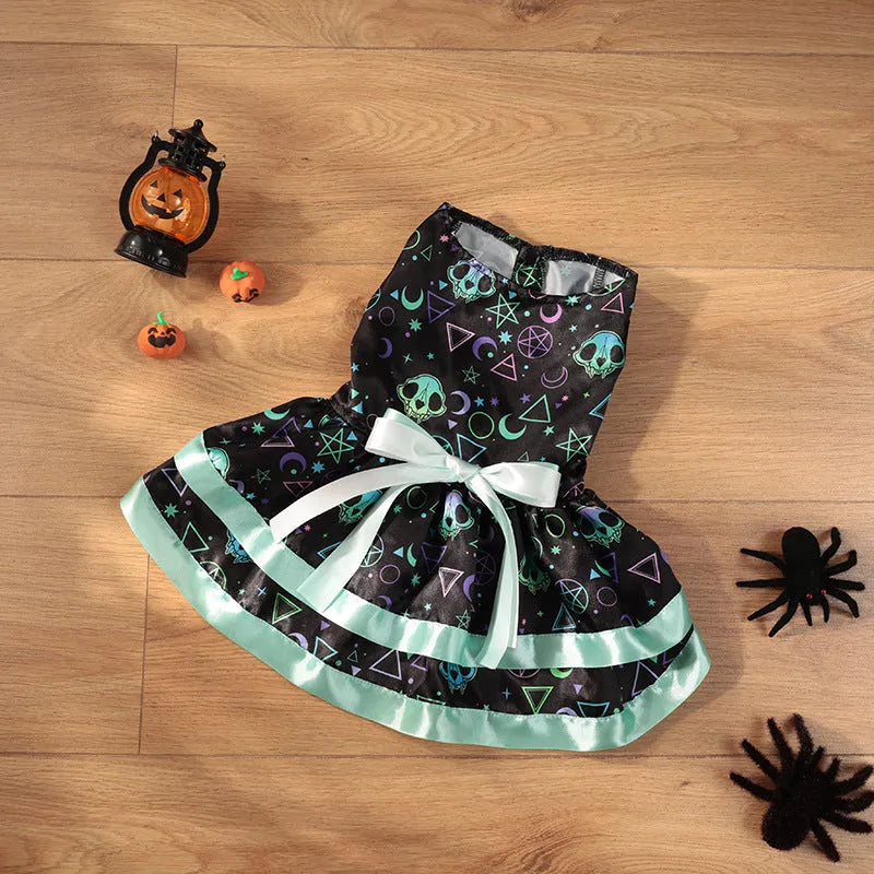 Halloween dog skirt with colourful pumpkin and skull designs in double-layer polyester fabric