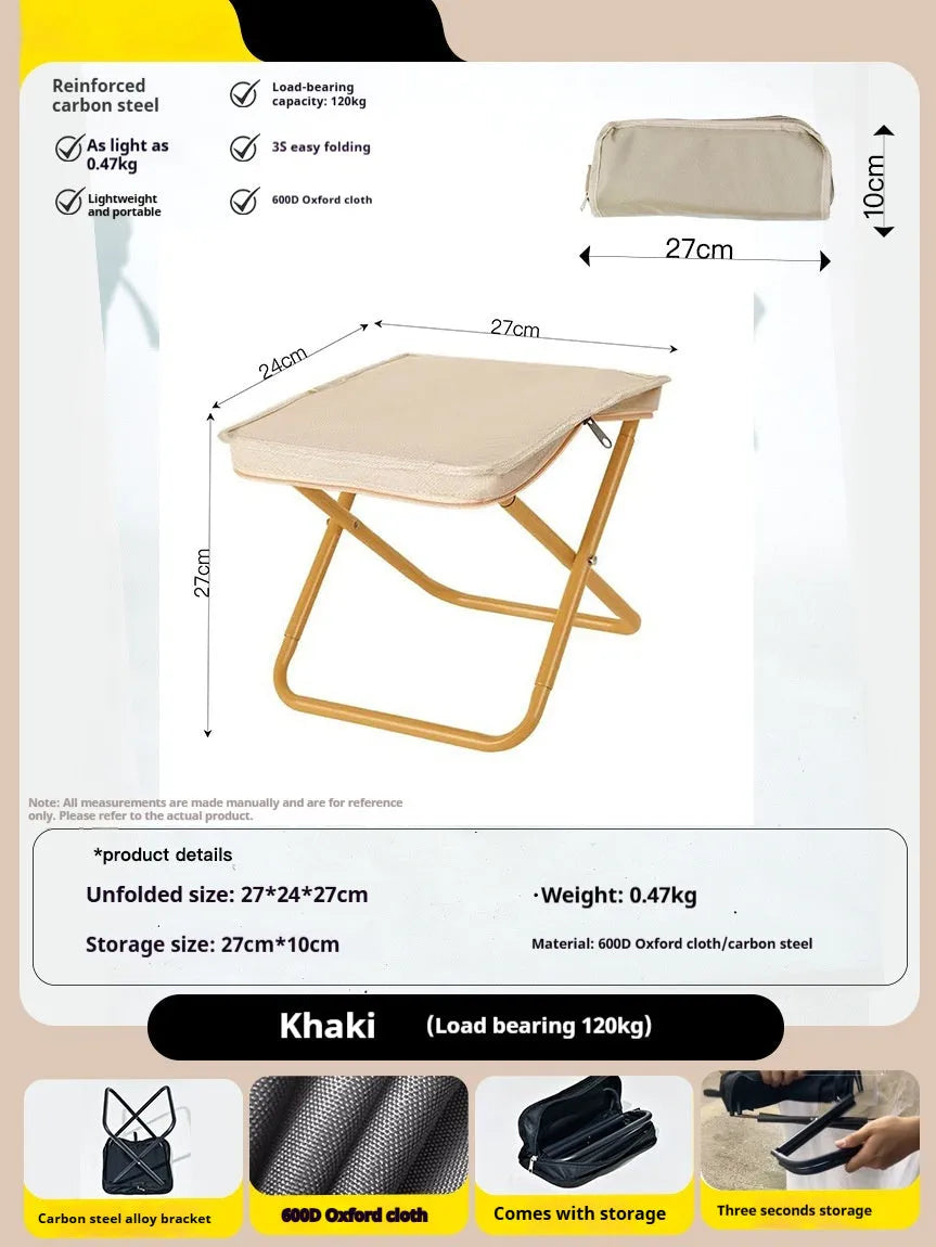 Lightweight foldable camp stool in Oxford cloth, shown in a khaki colour, folded for carrying.