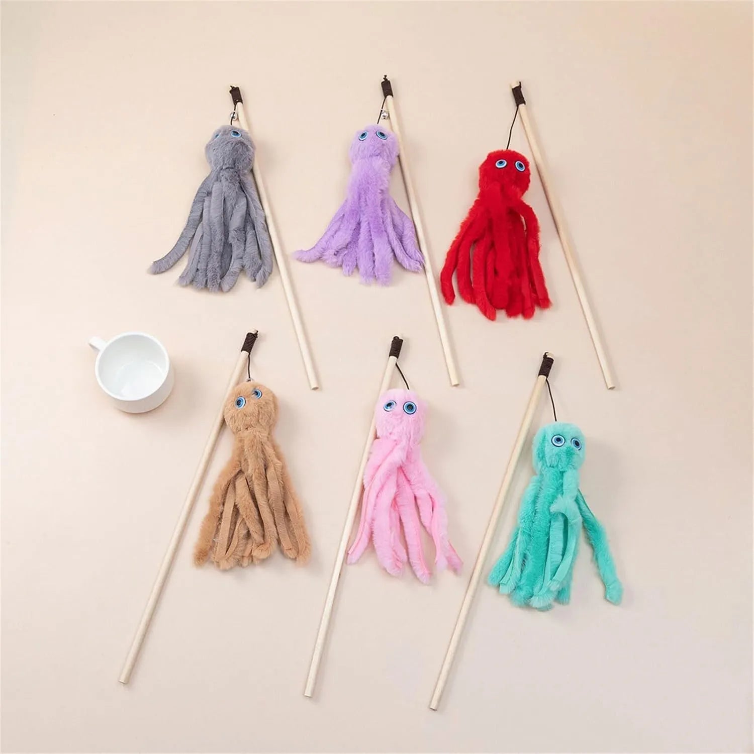 Colourful octopus cat toy on a long stick for indoor kittens and cats