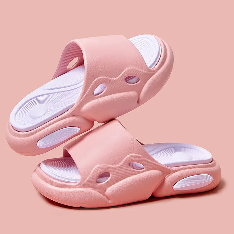 Two-colour EVA slippers for couples with thick sole, shown in pink and purple colour option.