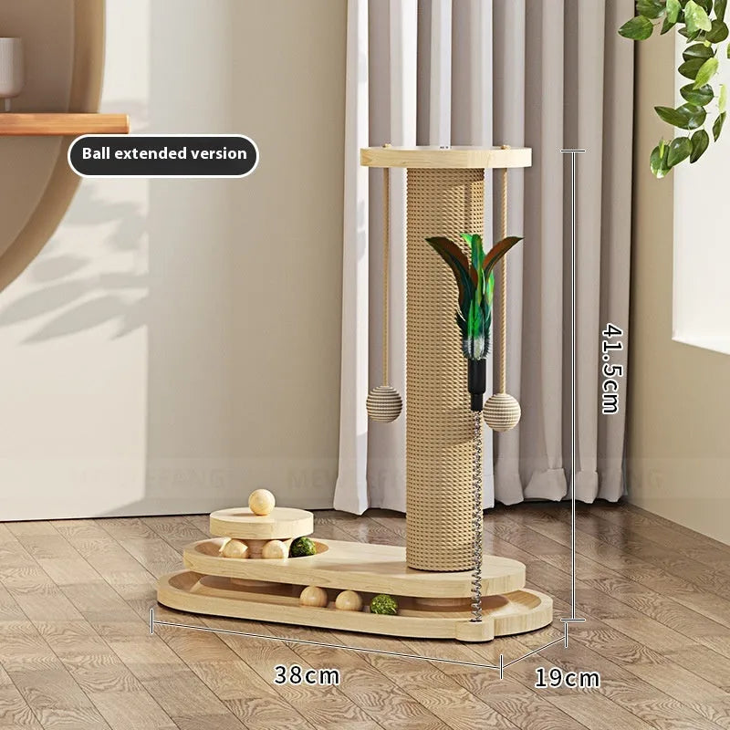 Solid wood cat scratching post with turntable and climbing frame in natural wood finish