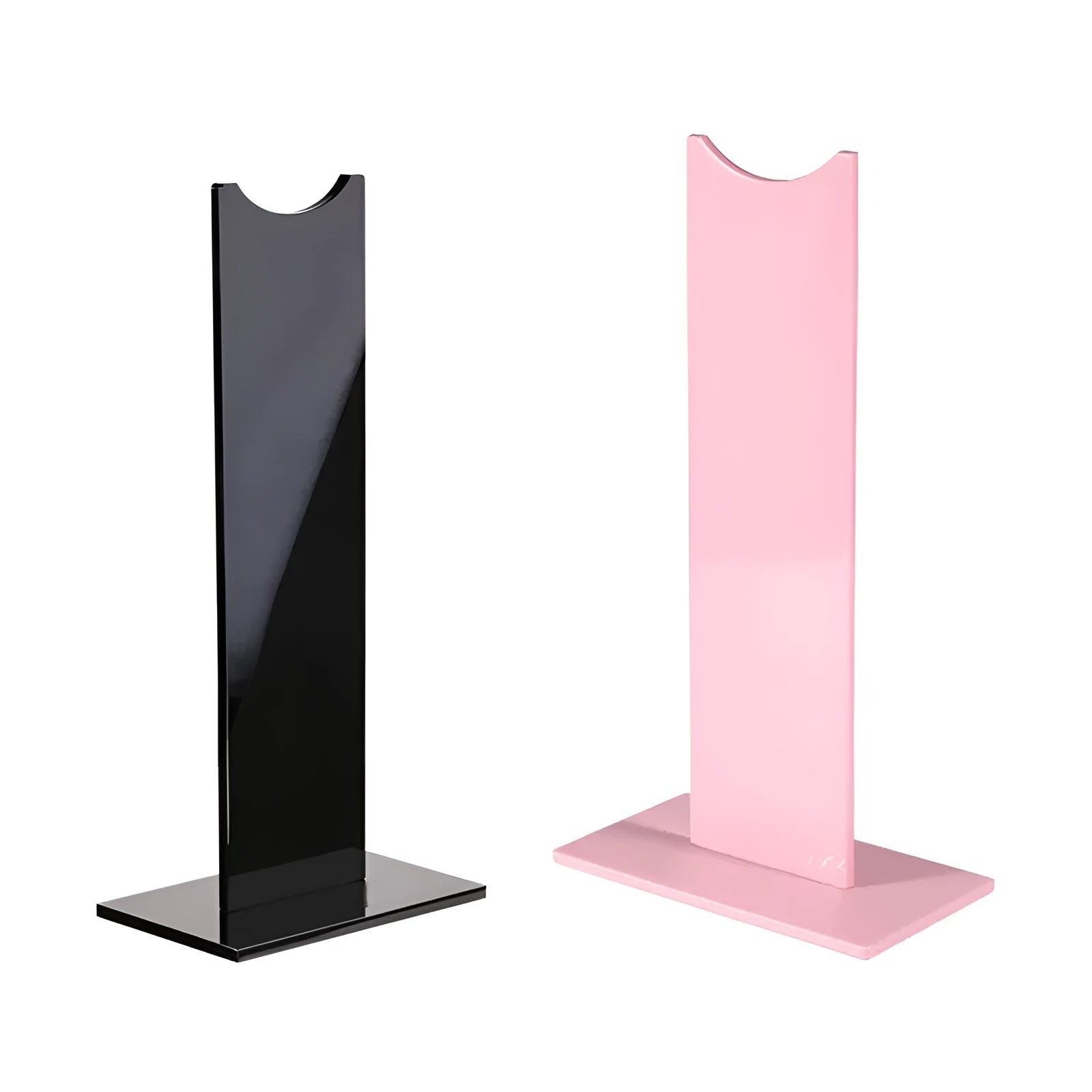 Pink and black detachable gaming headset bracket with silicone non-slip base on a desk