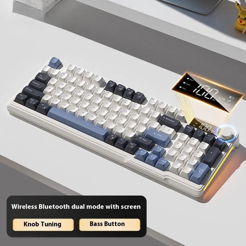 Wireless mechanical-feel keyboard and mouse in a two-tone colour option, showing Type-C cable and connectivity switches.