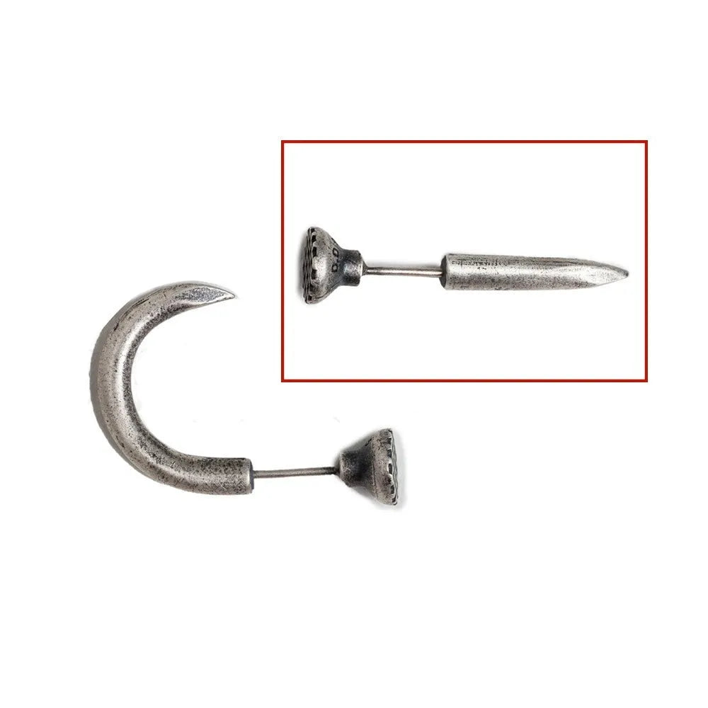 S925 sterling silver punk stud earring in a retro straight or curved nail design on an ear hook.
