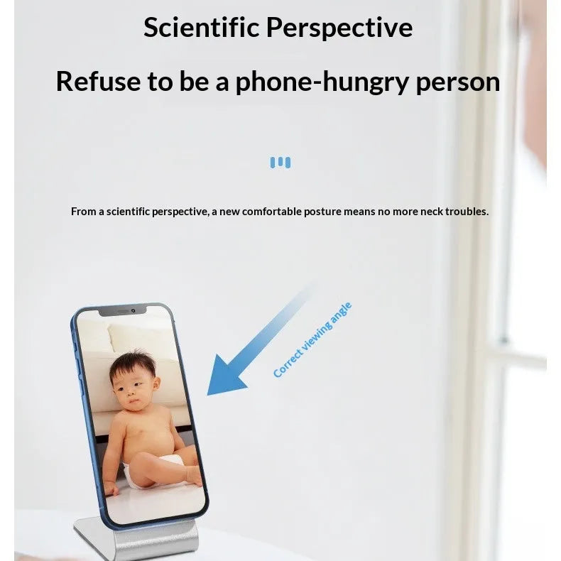 Silver aluminium alloy wireless charging stand holding a phone upright on a desk
