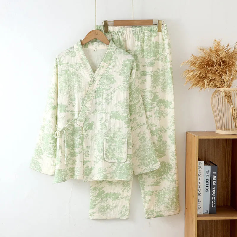 Women's pure cotton gauze loungewear set with lace-up trousers in frosted pine tree colours