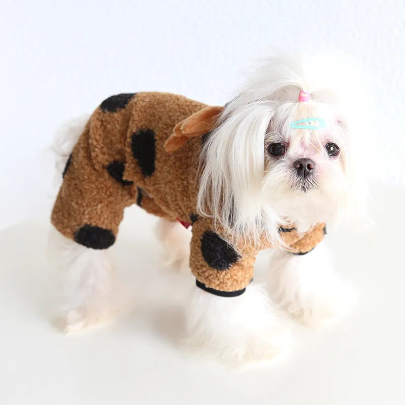 Dog or cat wearing polka dot elk couple clothing in skirt or four-leg style.