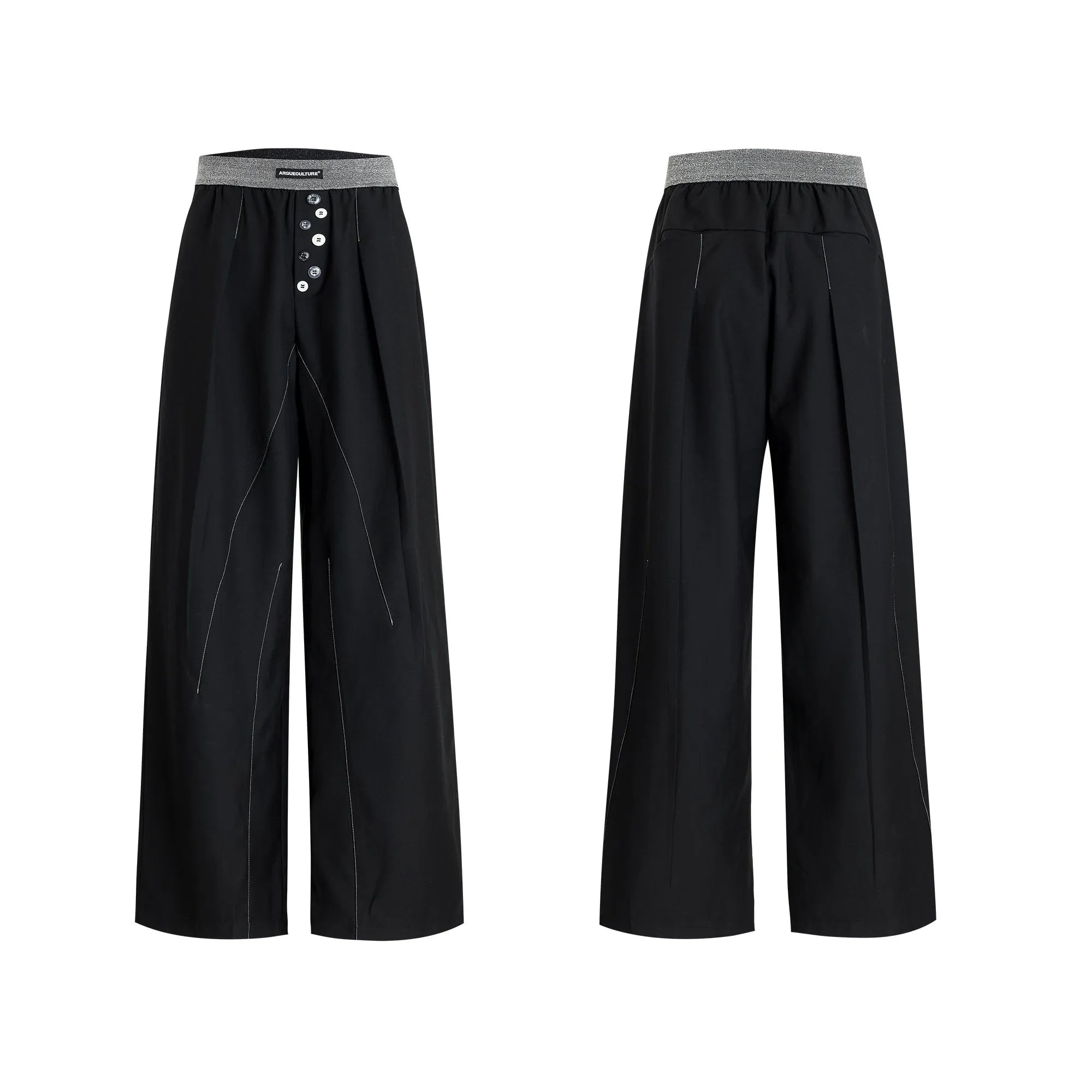 Straight-leg high-waist trousers with button open line detailing in black and grey colours