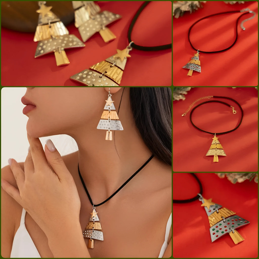 Christmas tree necklace and earrings set with mixed colour alloy drip oil finish on leather wax line cord for women