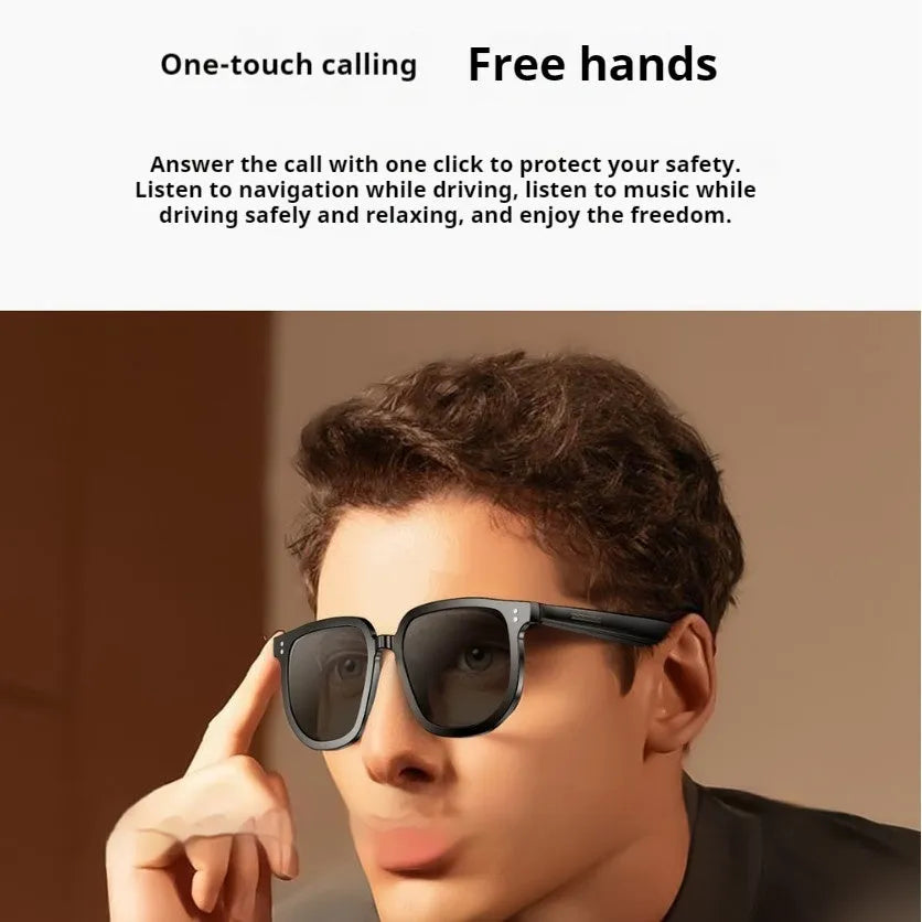 Black PC frame Bluetooth smart sunglasses with touch controls on the temple.