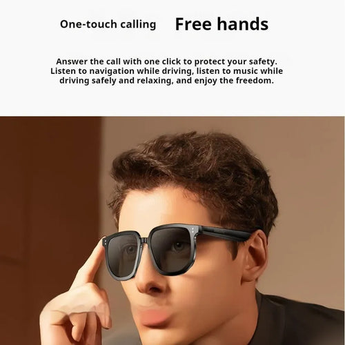 Black PC frame Bluetooth smart sunglasses with touch controls on the temple.