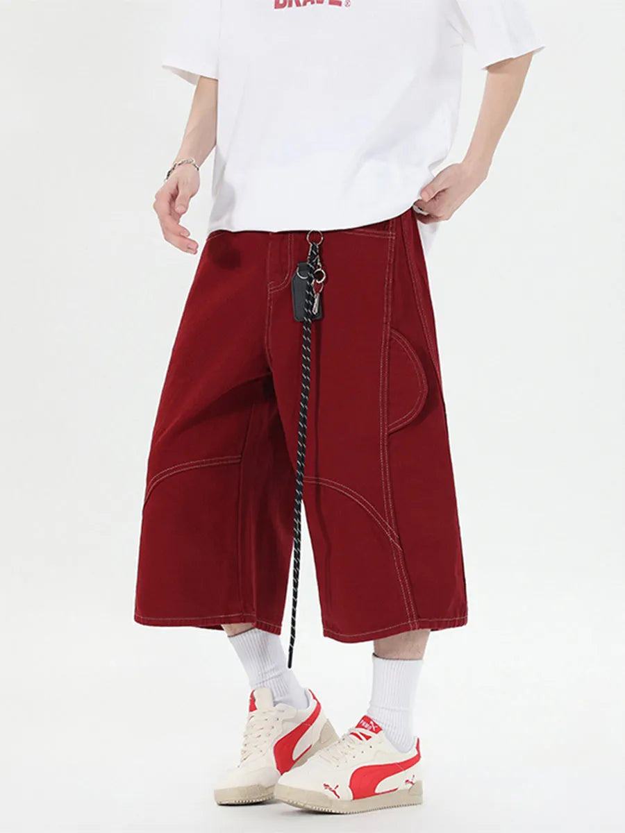 Retro denim workwear shorts with multiple pockets, wide leg cut and cropped trousers length