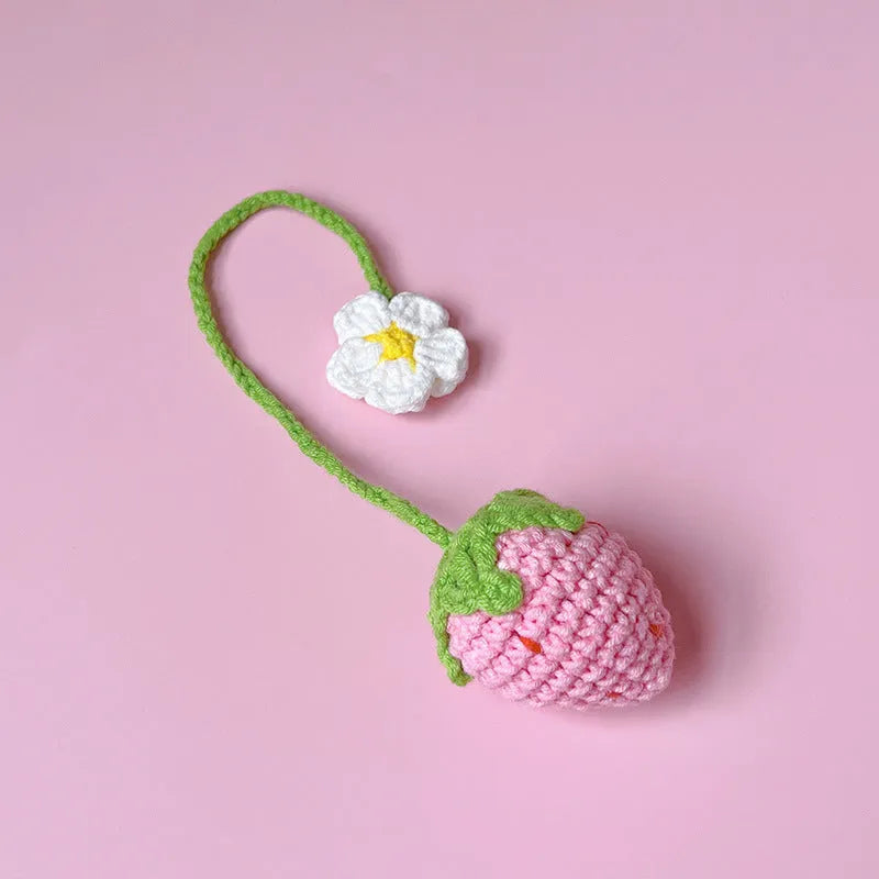 Handmade wool crochet strawberry pendant with 35cm cord in pink or red colour