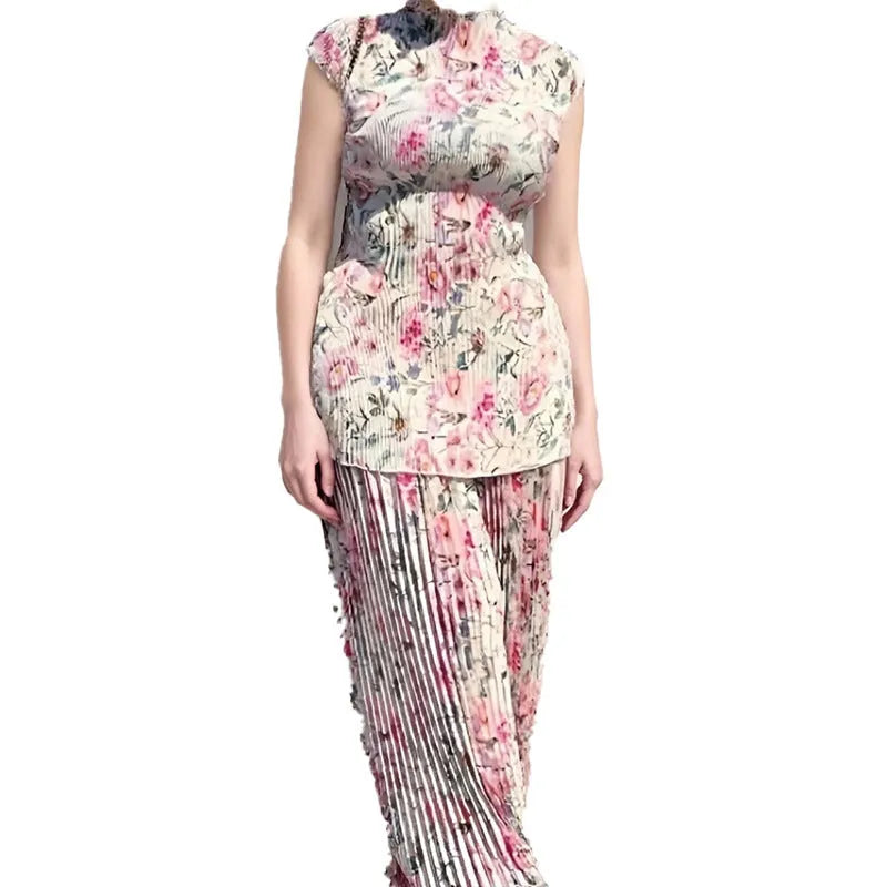 Long sleeve printed chiffon dress with high waist design in picture colour