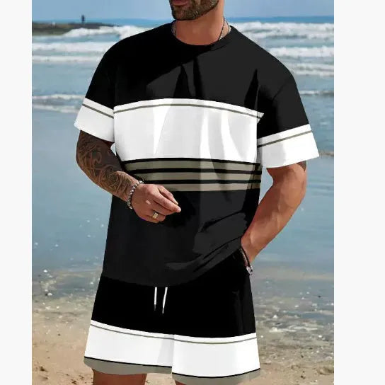 Men's loose-fit polyester summer set with short-sleeved T-shirt and matching shorts