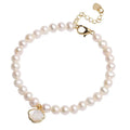 A women's freshwater pearl bracelet with a fan-shaped design, shown in 16cm length with elastic and chain options.