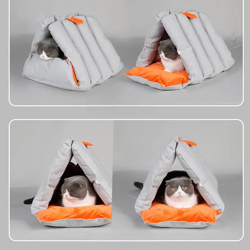 Blue triangular sofa-style cat bed with visible drill holes on the sides for connection.