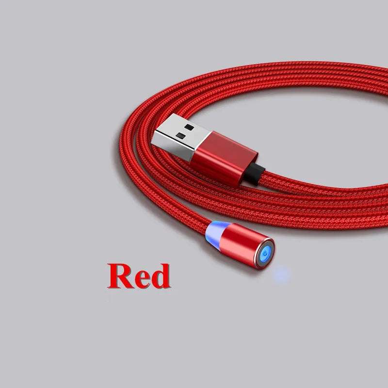 Black magnetic USB charging cable with glowing LED light indicator on a white background.