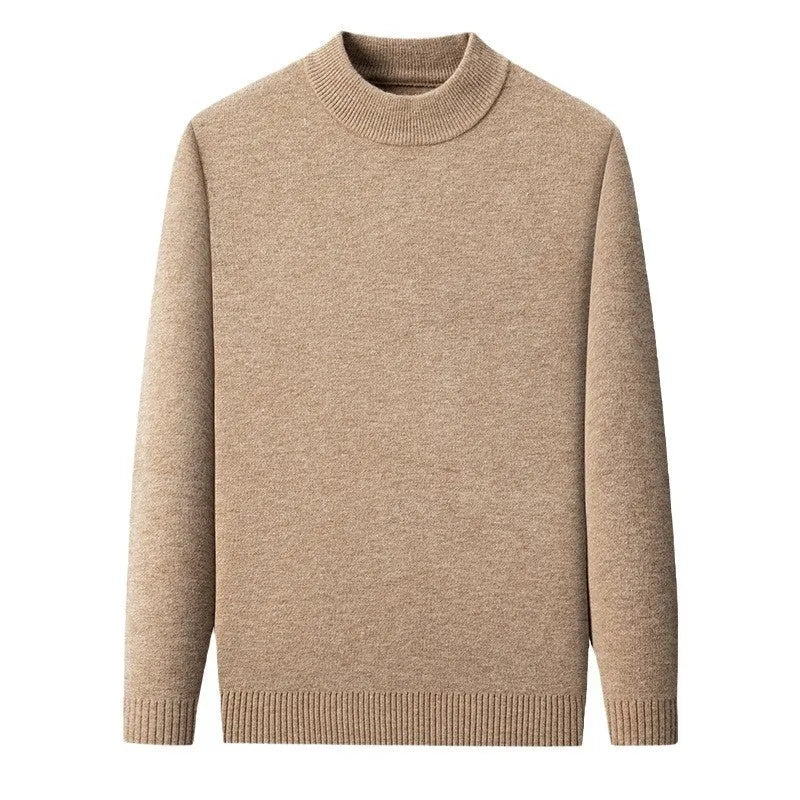 Men's solid colour fine yarn half-turtleneck long sleeve pullover on a hanger.