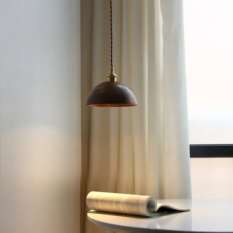 Single-head black walnut style droplight chandelier with copper wood art construction and E27 lamp holder.