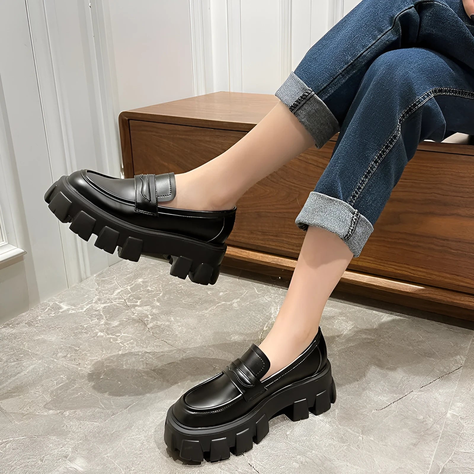 British style wide fat foot loafers in patent leather and matte finish, showing rubber sole and slip-on design.